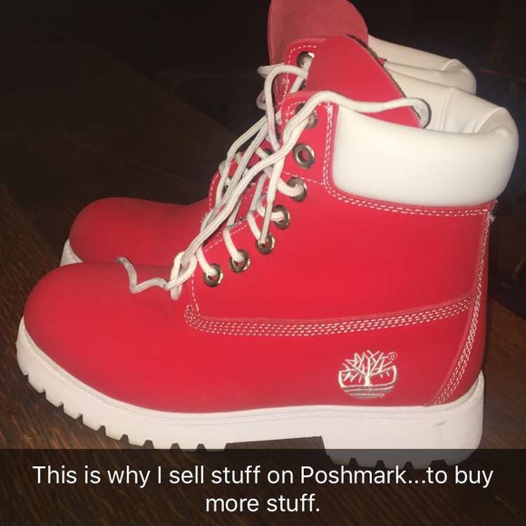 red and white timberland boots